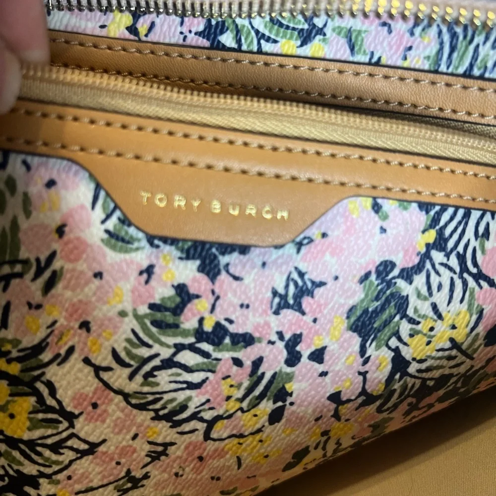 Tory Burch Pink Floral Tote with Tan Leather Trim